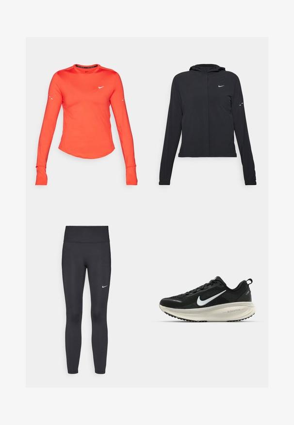 Black hooded jacket with long sleeves, made from lightweight material. Features a front zipper, a Nike logo, and subtle design accents.; Long-sleeve athletic shirt, bright orange fabric, round neckline, white Nike logo on chest, thumbholes in cuffs, streamlined fit, smooth texture.; Black leggings made of stretchy fabric, featuring a high waistband and a white Nike logo on the left thigh. Smooth texture, form-fitting design.; Black Nike running shoe with breathable mesh upper, white swoosh logo, textured detailing, and a cream-colored ZoomX midsole.