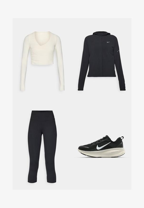 Black hooded jacket with long sleeves, made from lightweight material. Features a front zipper, a Nike logo, and subtle design accents.; Long-sleeve, cream-colored crop top with a v-neck and gathered side detail, made from stretchy fabric for a fitted look.; Black cropped leggings made of stretchy fabric, featuring a high waistband and smooth texture, with no visible patterns or hardware.; Black Nike running shoe with breathable mesh upper, white swoosh logo, textured detailing, and a cream-colored ZoomX midsole.