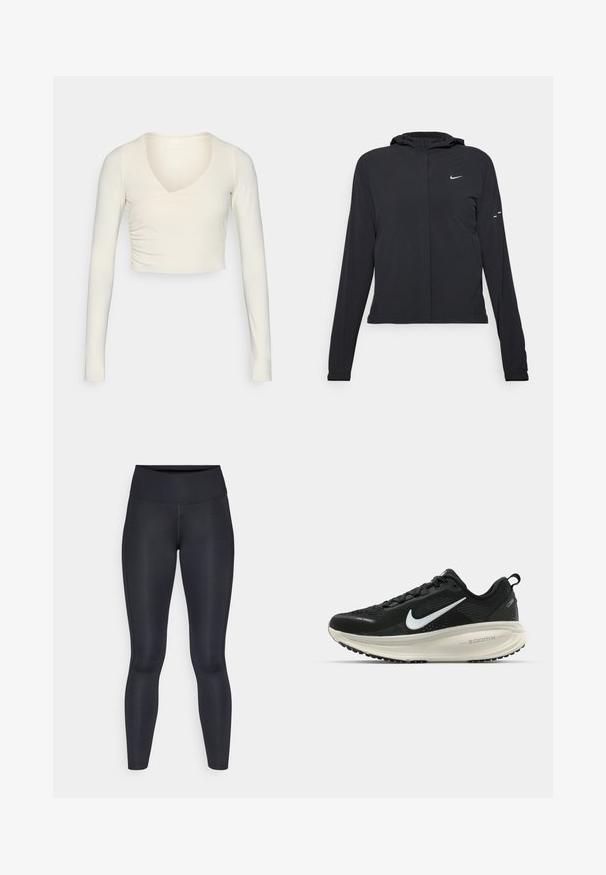 Must musta kapuutsiga jakk, millel on pikad varrukad ja mis on valmistatud kergetest materjalidest. Omab esitaskut, Nike logo ja kergelt silmatorkavaid disainiaktsente.; Pikad varrukad, kreemjas värvitoonis lühike topp, millel on V-kaelus ja kokku tõmmatud külje detail, valmistatud venivast kangast, et saavutada istuv välimus.; Mustad mustad, mis on valmistatud siledast ja venivast kangast. Kõrge vöökoht, ilma nähtavate mustrite või aksessuaarideta. Sobivad tihedalt puusadelt kuni pahkluuni.; Musthave mustus Nike jooksujalats, millel on hingav võrgust ülemine osa, valge swoosh logo, tekstuuriga detailid ja kreemja värvusega ZoomX vahevöö.