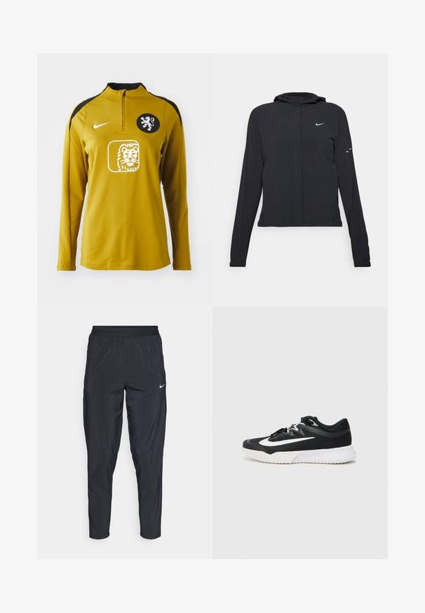 Schwarze Kapuzenjacke mit langen Ärmeln, aus leichtem Material gefertigt. Sie hat einen vorderen Reißverschluss, ein Nike-Logo und dezente Designelemente.; Gelbes Sportoberteil mit langen Ärmeln und Viertelreißverschluss, schwarzen Schulterakzenten, einem Löwenemblem auf der Brust und dem Nike-Logo auf der linken Schulter.; Schwarze Sporthosen mit elastischem Bund, schmal zulaufenden Beinen und einem kleinen weißen Logo auf dem linken Oberschenkel. Leichter, glatter Stoff.; Schwarzer Sportschuh mit weißen Akzenten, ausgestattet mit einem strukturierten Obermaterial, runder Zehenpartie, flachen Schnürsenkeln und einer dicken weißen Gummisohle.