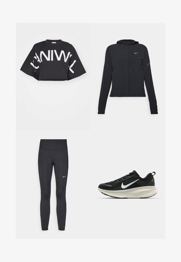 Černá kapucňová bunda s dlouhými rukávy, vyrobená z lehkého materiálu. Obsahuje přední zip, logo Nike a decentní designové akcenty.; Černé zkrácené tričko s širokými rukávy a velkým bílým potiskem. Vyrobeno z měkké tkaniny, má kulatý výstřih a uvolněný střih.; Černé legíny vyrobené z elastického materiálu, s vysokým pasem a bílým logem Nike na levém stehně. Hladká textura, přiléhavý střih.; Černá běžecká obuv Nike s prodyšným síťovaným svrškem, bílým logem swoosh, texturovanými detaily a krémovou mezipodešví ZoomX.