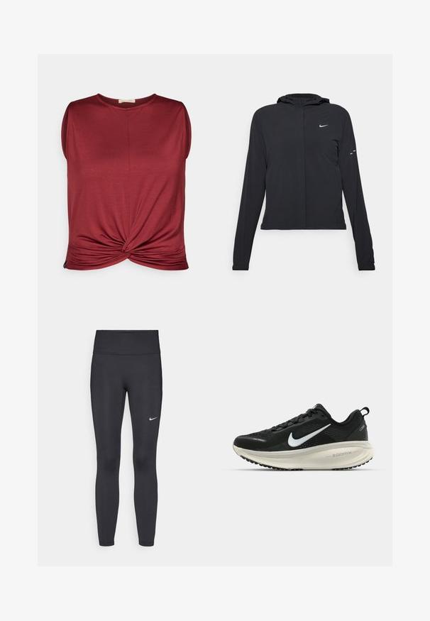 Schwarze Kapuzenjacke mit langen Ärmeln, aus leichtem Material gefertigt. Sie hat einen vorderen Reißverschluss, ein Nike-Logo und dezente Designelemente.; Bordeauxfarbenes ärmelloses Oberteil mit rundem Halsausschnitt und gedrehtem Knoten an der Vorderseite. Hergestellt aus weichem Material mit glatter Textur.; Schwarze Leggings aus elastischem Stoff, mit einem hohen Bund und einem weißen Nike-Logo auf dem linken Oberschenkel. Glatte Textur, figurbetontes Design.; Schwarzer Nike-Laufschuh mit atmungsaktivem Mesh-Obermaterial, weißem Swoosh-Logo, strukturierten Details und einer cremefarbenen ZoomX-Zwischensohle.