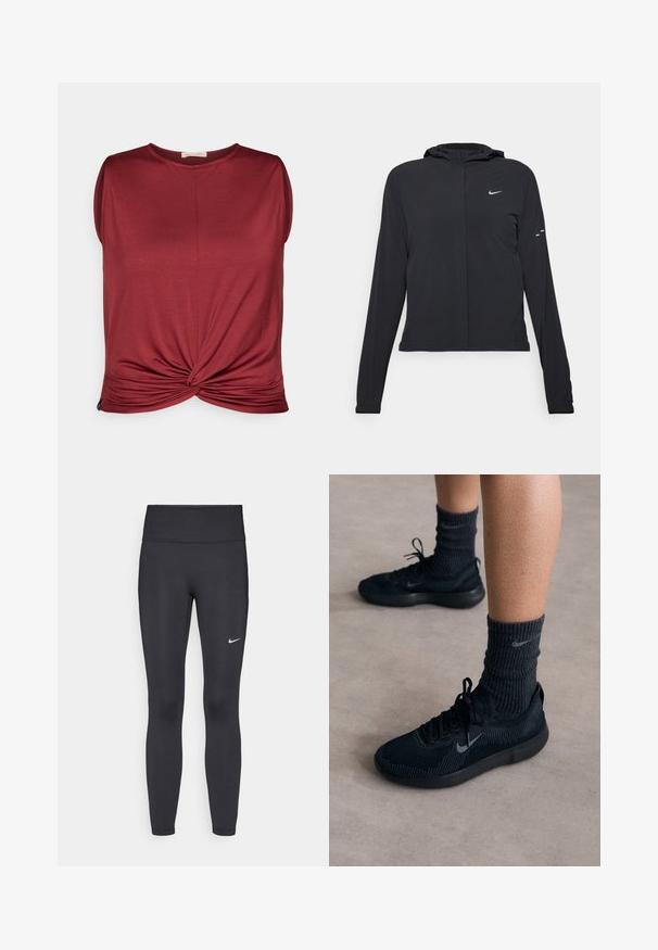 Schwarze Kapuzenjacke mit langen Ärmeln, aus leichtem Material gefertigt. Sie hat einen vorderen Reißverschluss, ein Nike-Logo und dezente Designelemente.; Bordeauxfarbenes ärmelloses Oberteil mit rundem Halsausschnitt und gedrehtem Knoten an der Vorderseite. Hergestellt aus weichem Material mit glatter Textur.; Schwarze Leggings aus elastischem Stoff, mit einem hohen Bund und einem weißen Nike-Logo auf dem linken Oberschenkel. Glatte Textur, figurbetontes Design.; Schwarze Nike-Sneaker mit einem strukturierten Strickobermaterial, ausgestattet mit einem grauen Swoosh-Logo, kombiniert mit dunklen gerippten Socken. Flache Gummisohle.