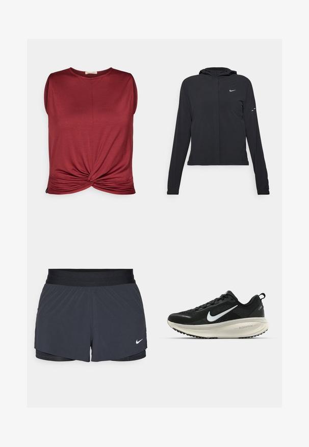 Čierna kapucňová bunda s dlhou rukávou, vyrobená z ľahkého materiálu. Má predný zips, logo Nike a jemné dizajnové akcenty.; Bordový top bez rukávov s okrúhlym výstrihom a pritvoreným uzlom vpredu. Vyrobený z mäkkého materiálu s hladkou textúrou.; Čierne športové šortky s elastickým pásom, ktoré majú vrstvený dizajn a malú bielu aplikáciu loga Nike v dolnom ľavom rohu. Ľahký materiál.; Čierne bežecké topánky Nike s priedušnou sieťovinou, bielym logom s symbolom swoosh, textúrovanými detailmi a krémovou ZoomX medzipodrážkou.