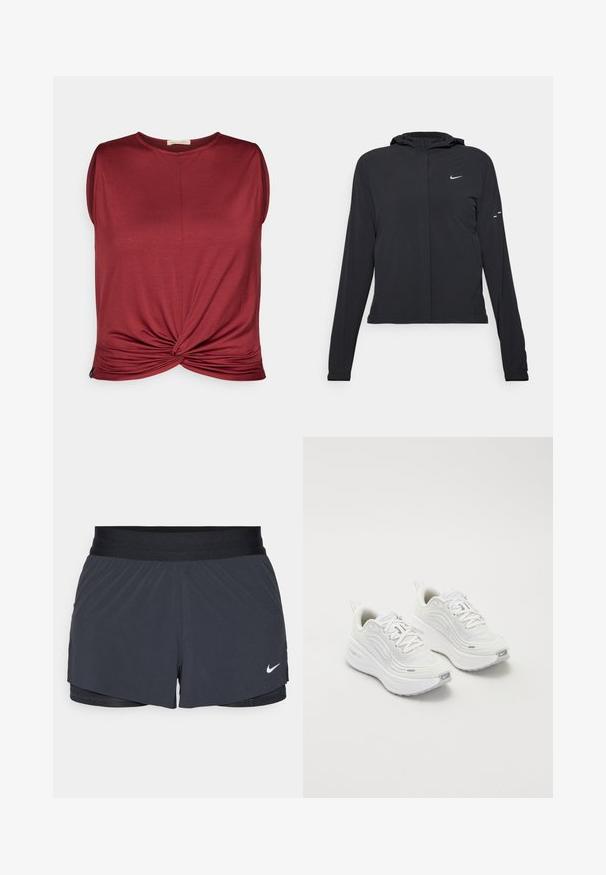 Black hooded jacket with long sleeves, made from lightweight material. Features a front zipper, a Nike logo, and subtle design accents.; Maroon sleeveless top with a round neckline and twisted knot at the front. Made from soft material with a smooth texture.; Black athletic shorts with an elastic waistband, featuring a layered design and a small white Nike logo on the lower left. Lightweight material.; White athletic shoes with a textured mesh upper, cushioned sole, and subtle grey accents. Includes branding and looped heel tab for easy wear.