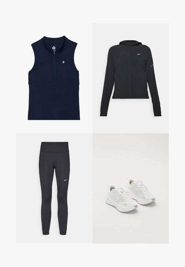Schwarze Kapuzenjacke mit langen Ärmeln, aus leichtem Material gefertigt. Sie hat einen vorderen Reißverschluss, ein Nike-Logo und dezente Designelemente.; Marineblaue ärmellose Sportoberteile aus dehnbarem Material, mit einem Frontreißverschluss, rundem Kragen und einem kleinen Logo auf der Brust.; Schwarze Leggings aus elastischem Stoff, mit einem hohen Bund und einem weißen Nike-Logo auf dem linken Oberschenkel. Glatte Textur, figurbetontes Design.; Weiße Sportschuhe mit einem strukturierten Mesh-Obermaterial, gepolsterter Sohle und dezenten grauen Akzenten. Enthält Branding und eine Schlaufe an der Ferse für einfaches Anziehen.