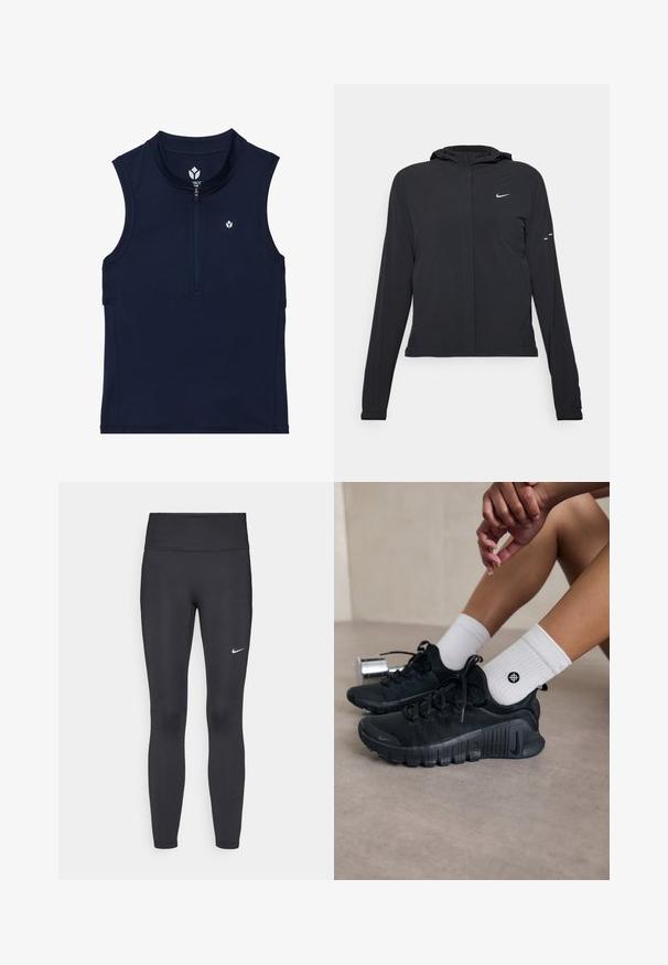 Sort hættetrøje med lange ærmer, lavet af letvægtsmateriale. Har en frontlynlås, et Nike-logo og subtile designaccenter.; Mørkeblå ærmeløs atletisk top lavet af strækstof, med en lynlås foran, rund krave og et lille logo på brystet.; Sorte leggings lavet af strækbart stof, med en høj talje og et hvidt Nike-logo på venstre lår. Glat tekstur, tætsiddende design.; Sorte træningssko med struktureret stof, snørebåndsdesign og en markant sål, parret med hvide ribbede sokker med et lille logo.