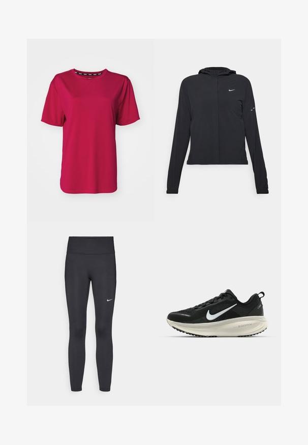 Casaco preto com capuz e mangas longas, feito de material leve. Apresenta um fecho dourado na frente, um logótipo da Nike e detalhes de design subtis.; Stronger RELAXED TEE - T-shirt desportiva - granita; Leggings pretos feitos de tecido elástico, com uma cintura alta e um logo branco da Nike na coxa esquerda. Textura suave, design ajustado ao corpo.; Sapatilha de corrida Nike preta com parte superior de malha respirável, logotipo Swoosh branco, detalhes texturizados e uma entressola ZoomX na cor creme.