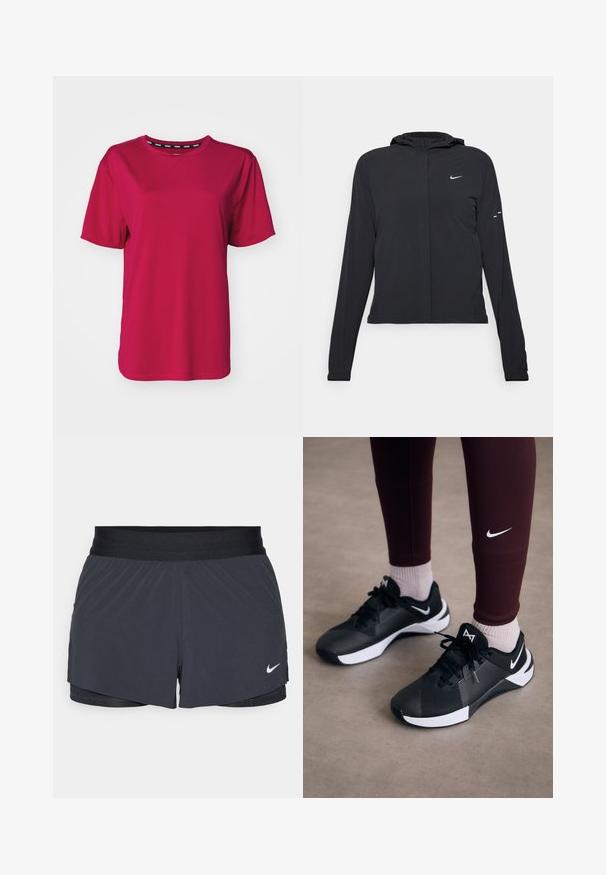 Svart hettegenser med lange ermer, laget av lett materiale. Har glidelås foran, Nike-logo og subtile design detaljer.; Stronger RELAXED TEE - T-skjorte til trening - granita; Sorte treningshorts med elastisk midjebånd, med lagdelt design og liten hvit Nike-logo på nederste venstre side. Lett materiale.; Svarte joggesko med en strukturert overdel og hvite detaljer, med snøring og logo på siden. Brukt med maroon leggings og lyse sokker.