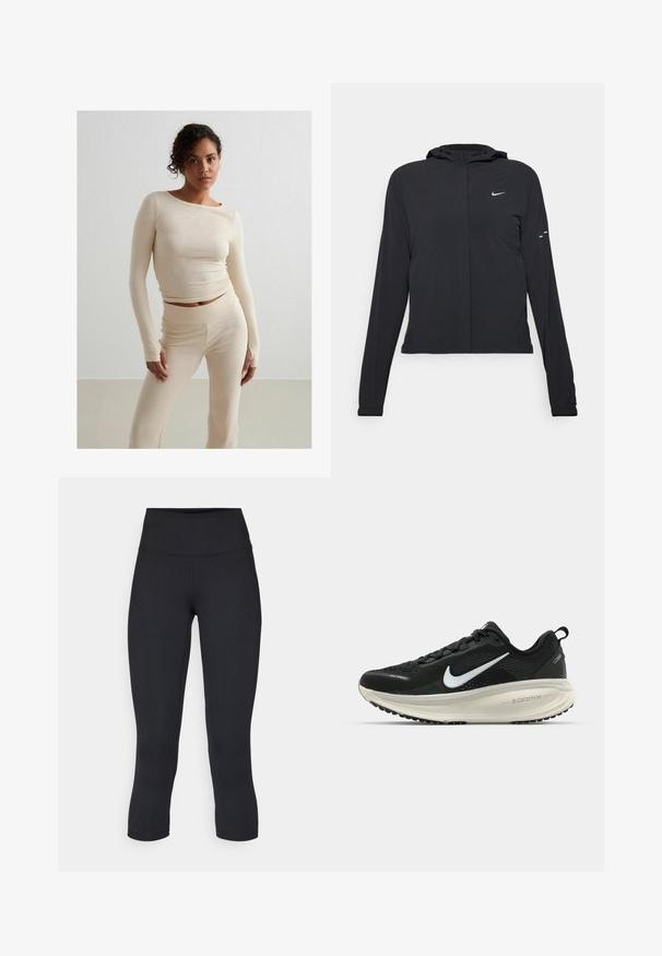 Fekete kapucnis dzseki hosszú ujjakkal, könnyű anyagból készült. Elülső cipzárral, Nike logóval és diszkrét dizájn elemekkel rendelkezik.; Beige csíkos, hosszú ujjú felső és hozzá illő, magas derekú nadrág, puha tapintású, testhez álló kialakítás, minimalista stílus, finom varrási részletekkel.; Fekete, rövidített leggings elasztikus anyagból, magas derékkal és sima textúrával, látható minták vagy fémalkatrészek nélkül.; Fekete Nike futócipő légáteresztő hálós felsőrésszel, fehér Swoosh logóval, textúrázott részletekkel és krém színű ZoomX középtalppal.