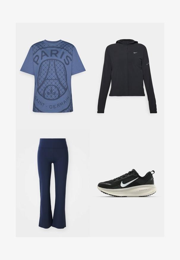 Czarna kurtka z kapturem, z długimi rękawami, wykonana z lekkiego materiału. Posiada zamek błyskawiczny z przodu, logo Nike oraz subtelne akcenty wzornicze.; Niebieska bawełniana koszulka z okrągłym dekoltem i krótkimi rękawami, z teksturowanym wzorem graficznym z napisem "PARIS" i "SAINT-GERMAIN".; Granatowe dzwony wykonane z elastycznego materiału z szerokim pasem. Gładka tekstura, bez widocznych wzorów czy detali metalowych.; Czarna biegowa półbut z oddychającej siateczki, białym logo swoosh, teksturowanymi detalami oraz kremową podeszwą środkową ZoomX.