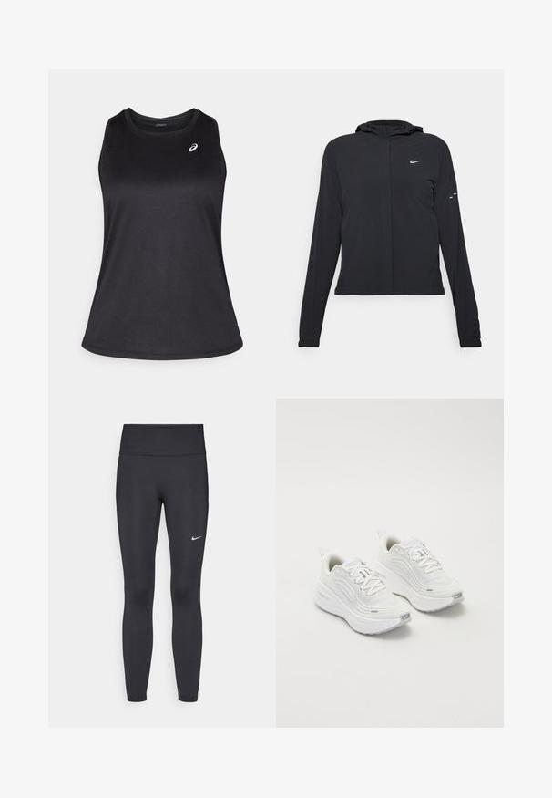 Čierna kapucňová bunda s dlhou rukávou, vyrobená z ľahkého materiálu. Má predný zips, logo Nike a jemné dizajnové akcenty.; Čierny športový tielko vyrobené z ľahkej a priedušnej látky. Má okrúhly výstrih a jemné logo na hornej ľavej strane.; Čierne legíny z elastického materiálu, s vysokým pásom a bielym logom Nike na ľavom stehne. Hladká textúra, priliehavý dizajn.; Biele športové topánky s textúrovaným sieťovým zvrškom, polstrovanou podrážkou a jemnými šedými akcentmi. Obsahujú branding a slučkovú pätku pre jednoduché obúvanie.