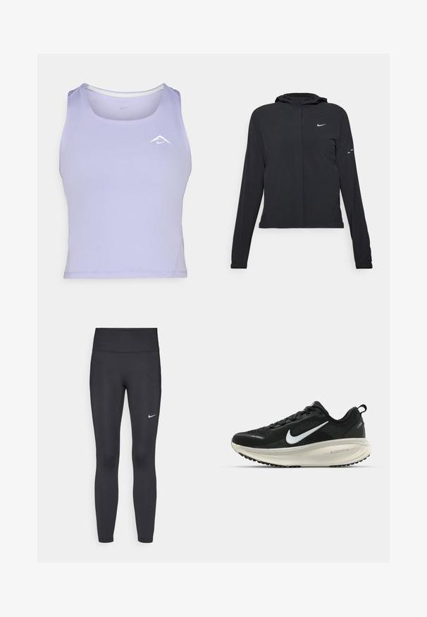 Melnā kapuci jaka ar garām piedurknēm, izgatavota no viegla materiāla. Tam ir priekšējais rāvējslēdzis, Nike logo un smalki dizaina akcenti.; Violets krūšturis, izgatavots no mitrumu absorbējoša materiāla, ar apaļu kakla izgriezumu un sānu šuvēm, ar mazu baltu logotipa akcentu.; Melnas legingi, izgatavoti no elastīga auduma, ar augstu jostu un baltu Nike logotipu kreisajā augšstilbā. Gluda tekstūra, piegulošs dizains.; Melnas Nike skriešanas kurpes ar elpojošu acs augšdaļu, baltu Swoosh logotipu, strukturētu apdari un krēmkrāsas ZoomX starpsole.