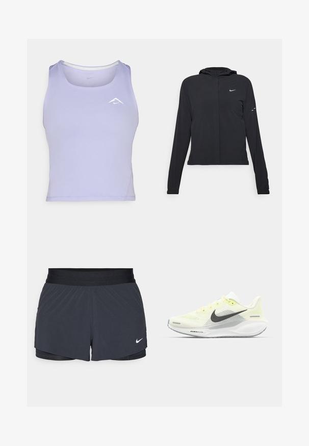 Czarna kurtka z kapturem, z długimi rękawami, wykonana z lekkiego materiału. Posiada zamek błyskawiczny z przodu, logo Nike oraz subtelne akcenty wzornicze.; Fioletowy top na ramiączkach wykonany z materiału odprowadzającego wilgoć, z okrągłym dekoltem i przeszyciami z boku, ozdobiony małym białym logo.; Czarne szorty sportowe z elastycznym pasem, o warstwowej konstrukcji i małym białym logo Nike na dolnym lewym boku. Wykonane z lekkiego materiału.; Biegi Nike z lekką żółtą i białą siateczką cholewy, szarymi akcentami i elastyczną gumową podeszwą. Posiada klasyczne sznurowanie.