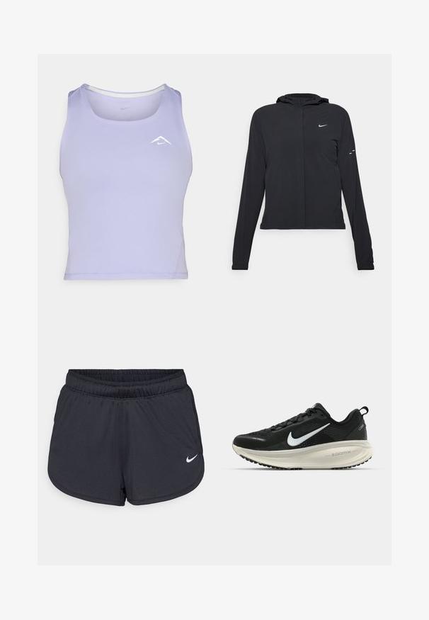 Crna jakna s kapuljačom i dugim rukavima, izrađena od laganog materijala. Ima prednji patentni zatvarač, Nike logo i suptilne dizajnerske detalje.; Ljubičasti top bez rukava izrađen od materijala koji upija vlagu, s okruglim izrezom i bočnim šavovima, te malim bijelim logotipom.; Crne atletske kratke hlače napravljene od laganog, prozračnog materijala. Imaju elastičnu traku u struku i bijeli Nike logo na donjoj desnoj strani.; Crne Nike trkačke tenisice s prozračnom mrežastom gornjom konstrukcijom, bijelim swoosh logotipom, teksturiranim detaljima i kremastom ZoomX srednjom potplatnom jedinicom.