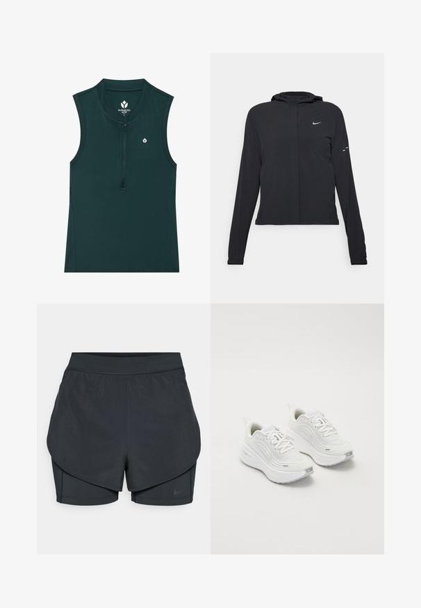 Schwarze Kapuzenjacke mit langen Ärmeln, aus leichtem Material gefertigt. Sie hat einen vorderen Reißverschluss, ein Nike-Logo und dezente Designelemente.; Grünes ärmelloses Aktivoberteil mit hohem Kragen und einem Reißverschluss auf der Vorderseite; glatte Textur mit kleinem Logo auf der Brust. Geeignet für Sport.; Schwarze sportliche Shorts mit einem geschichteten Design, das eine glatte äußere Schicht und eng anliegende innere Shorts umfasst. Hergestellt aus leichtem, dehnbarem Material.; Weiße Sportschuhe mit einem strukturierten Mesh-Obermaterial, gepolsterter Sohle und dezenten grauen Akzenten. Enthält Branding und eine Schlaufe an der Ferse für einfaches Anziehen.