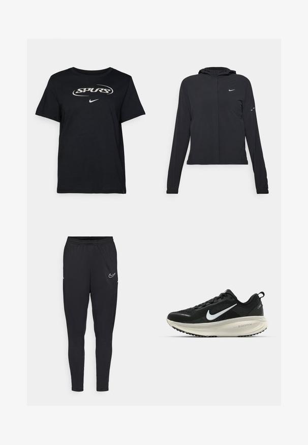 Fekete kapucnis dzseki hosszú ujjakkal, könnyű anyagból készült. Elülső cipzárral, Nike logóval és diszkrét dizájn elemekkel rendelkezik.; Fekete pamut póló, fehér "SPURS" logóval és egy kis Nike swoosh-szal alul. Rövid ujjú, klasszikus kerek nyakú kialakítással.; Fekete sportnadrág könnyű anyagból, rugalmas derékkal, testhezálló kivitelben, és fehér Nike logóval a combján.; Fekete Nike futócipő légáteresztő hálós felsőrésszel, fehér Swoosh logóval, textúrázott részletekkel és krém színű ZoomX középtalppal.