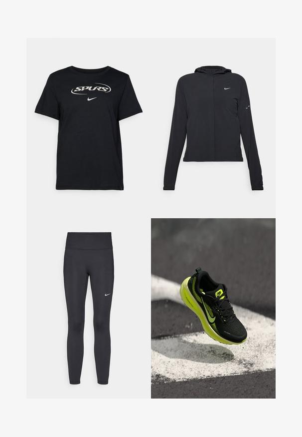 Mustassa hupparissa on pitkät hihat, ja se on valmistettu kevyestä materiaalista. Siinä on edessä vetoketju, Nike-logo ja hillityt muotoiluyksityiskohdat.; Musta puuvillainen T-paita, jossa on valkoinen "SPURS"-logo ja pieni Nike-swoosh alareunassa. Lyhyet hihat ja klassinen pyöreä kaula-aukko.; Mustat leggingsit joustavasta kankaasta, joissa on korkea vyötärö ja valkoinen Nike-logo vasemmassa reidessä. Sileä pinta, muotoaan myötäilevä suunnittelu.; Musta juoksukenkä keltaisilla yksityiskohdilla, verkkomateriaalia päällisessä, kuvioitu pinta ja näkyvä merkkilogot. Kevyt vaahtopohja tarjoaa iskunvaimennusta.