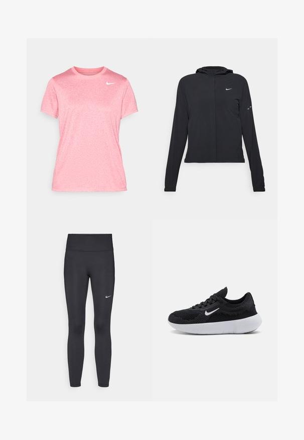 Czarna kurtka z kapturem, z długimi rękawami, wykonana z lekkiego materiału. Posiada zamek błyskawiczny z przodu, logo Nike oraz subtelne akcenty wzornicze.; Nike Performance - Koszulka sportowa; Czarne legginsy z elastycznego materiału, z wysokim pasem i białym logo Nike na lewym udzie. Gładka tekstura, dopasowany krój.; Czarne buty sportowe z siateczkową cholewką, teksturowanym wzorem, okrągłym czubkiem, białą gumową podeszwą oraz logo Nike po boku.