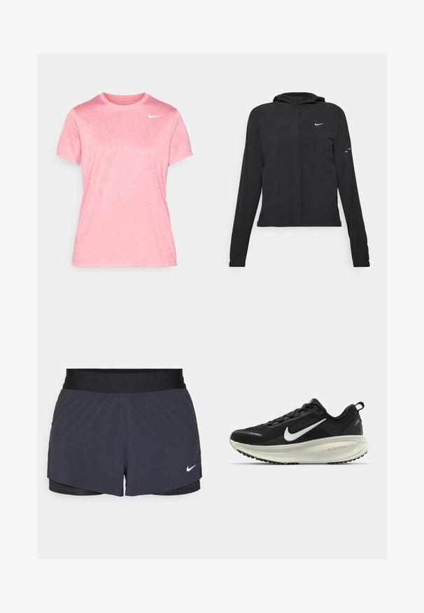 Chaqueta negra con capucha y mangas largas, hecha de un material ligero. Presenta un cierre frontal, un logo de Nike y acentos de diseño sutiles.; Nike Performance TEE - Camiseta deportiva - aster pink/heather; Shorts deportivos negros con cintura elástica, que presentan un diseño en capas y un pequeño logo blanco de Nike en la parte inferior izquierda. Material ligero.; Zapatilla de running Nike negra con parte superior de malla transpirable, logo Swoosh blanco, detalles texturizados y una entresuela ZoomX de color crema.