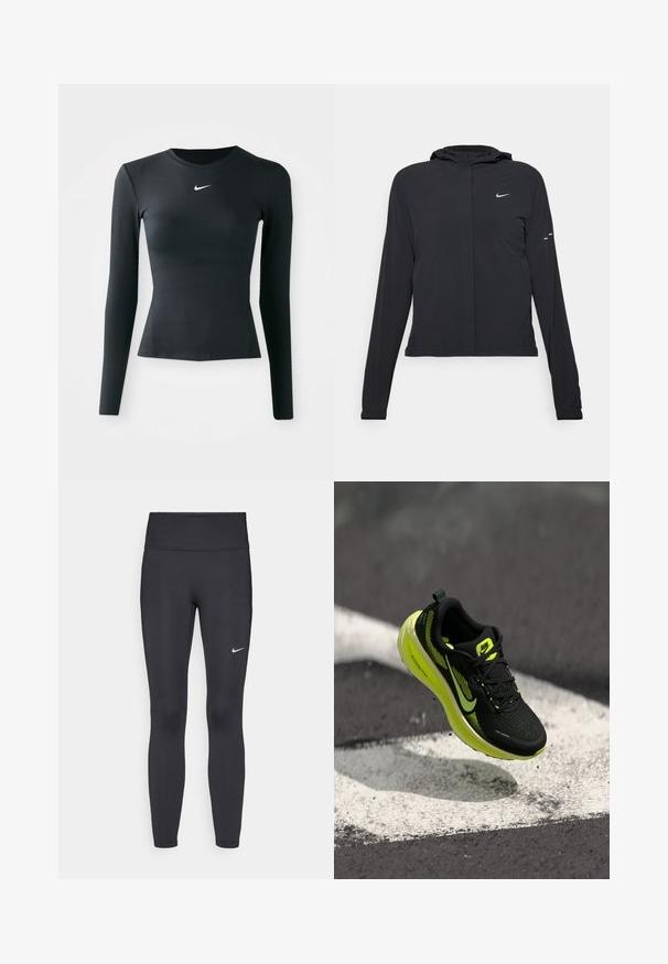 Melnā kapuci jaka ar garām piedurknēm, izgatavota no viegla materiāla. Tam ir priekšējais rāvējslēdzis, Nike logo un smalki dizaina akcenti.; Melnas garām piedurknēm pieguļošs tops, kas izgatavots no gludas, elastīgas auduma. Tam ir apaļa kakla izgriezne un neliels balts Nike logotips uz krūšu daļas.; Melnas legingi, izgatavoti no elastīga auduma, ar augstu jostu un baltu Nike logotipu kreisajā augšstilbā. Gluda tekstūra, piegulošs dizains.; Melns skriešanas apavu ar dzelteniem akcentiem, tīkliņa augšdaļa, teksturēts raksts un izteikts zīmola logotips. Viegls putu zole nodrošina amortizāciju.