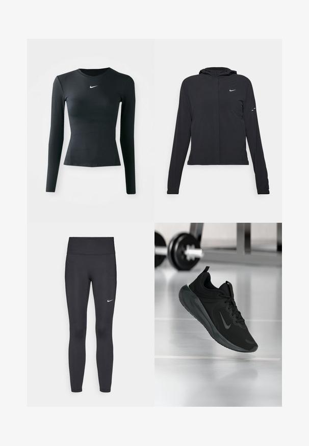 Black hooded jacket with long sleeves, made from lightweight material. Features a front zipper, a Nike logo, and subtle design accents.; Black long-sleeve fitted top made of smooth, stretchy fabric. Features a crew neck and a small white Nike logo on the chest.; Black leggings made of stretchy fabric, featuring a high waistband and a white Nike logo on the left thigh. Smooth texture, form-fitting design.; Black sports sneaker with Nike logo, shown mid-air on gym floor, with blurred dumbbell rack in background.