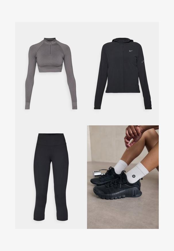 Juodas gobtuvas striukė su ilgomis rankovėmis, pagaminta iš lengvo audinio. Pasižymi priekiniais užtrauktukais, Nike logotipu ir subtiliais dizaino akcentais.; Pilkas trumpas ilgomis rankovėmis viršus su pusiau užtrauktuku, tekstūruotas raštas ir prigludusi forma; turi gipiūro rankogalius ir aukštą apykaklę.; Juodos apkarpytos legginsai, pagaminti iš tamprios medžiagos, su aukšta juosmens linija ir glotnia tekstūra, be matomų raštų ar detalių.; Juodi sportiniai bateliai su tekstūruota medžiaga, raištelių dizainu ir ryškiu padu, derinami su baltais raukšlėtais kojiniais, turinčiais mažą logotipą.
