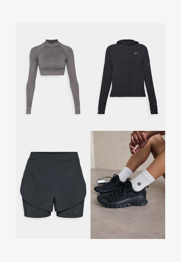 Giacca nera con cappuccio e maniche lunghe, realizzata in materiale leggero. Presenta una zip frontale, il logo Nike e accenti di design sottili.; Top grigio a maniche lunghe cropped con mezzo zip, motivo testurizzato e design aderente; presenta polsini a costine e un collo alto.; Shorts sportivi neri con un design a strati, caratterizzati da uno strato esterno morbido e da pantaloni interni aderenti. Realizzati in tessuto leggero e elasticizzato.; Scarpe da ginnastica nere con tessuto texturizzato, design con lacci e suola prominente, abbinate a calze bianche a coste con un piccolo logo.