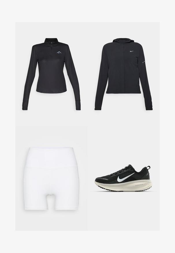 Sort hættetrøje med lange ærmer, lavet af letvægtsmateriale. Har en frontlynlås, et Nike-logo og subtile designaccenter.; Sort langærmet pullover skjorte med høj krave, kvart lynlås og subtilt lyseblåt logo på brystet. Fremstillet af struktureret, åndbart stof.; Hvide højtaljede shorts lavet af strækstof. Har en glat tekstur og en tætsiddende design, uden yderligere mønstre eller hardware.; Sort Nike løbesko med åndbart mesh-overdel, hvidt swoosh-logo, tekstureret detaljering og en cremede ZoomX mellemsål.