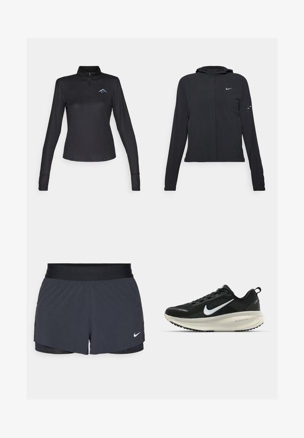 Črna kapuča s dolgimi rokavi, izdelana iz lahkega materiala. Ima sprednji zadrgo, logotip Nike in subtilne oblikovne detajle.; Črna dolgoročna pulover majica s visokim ovratnikom, četrtinskim zadrgo in subtilnim svetlo modrim logotipom na prsih. Narejena iz teksturirane, zračne tkanine.; Črne atletske kratke hlače z elastičnim pasom, ki imajo plastičen dizajn in majhen bel Nike logotip na spodnji levi strani. Lahkoten material.; Črne Nike tekaške čevlje z zračno mrežno zgornjim delom, belim logotipom Swoosh, teksturiranimi detajli in smetanasto barvnim srednjim delom ZoomX.