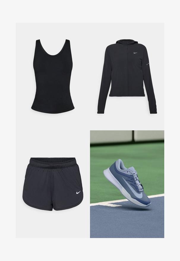Schwarze Kapuzenjacke mit langen Ärmeln, aus leichtem Material gefertigt. Sie hat einen vorderen Reißverschluss, ein Nike-Logo und dezente Designelemente.; Schwarzes, ärmelloses, figurbetontes Tanktop mit Rundhalsausschnitt und leicht ausgestelltem Saum auf weißem Hintergrund präsentiert.; Schwarze Sportshorts mit elastischem Bund, sportlichem Design und weißem Nike-Logo vorne unten. Strukturierter Stoff.; Sportliche Sneaker in Hellblau und Marineblau, mit einer strukturierten Oberseite, flachen Schnürsenkeln und einer leichten weißen Sohle. Über einem Spielboden erhoben.