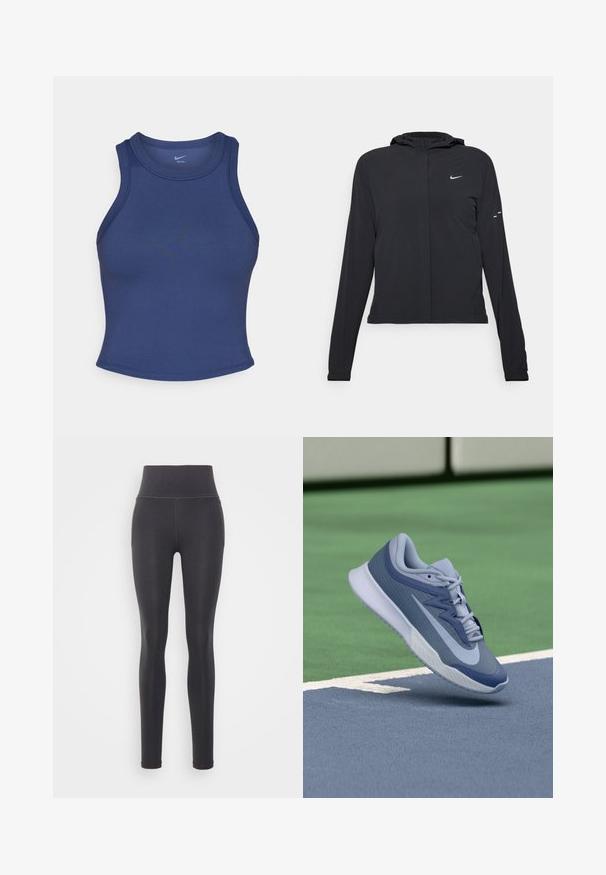 Juodas gobtuvas striukė su ilgomis rankovėmis, pagaminta iš lengvo audinio. Pasižymi priekiniais užtrauktukais, Nike logotipu ir subtiliais dizaino akcentais.; Jūrų mėlynos spalvos sportinė liemenė su prigludusia forma, apvaliu iškirpimu ir lygiu paviršiumi. Siūlomos minimalios siūlės ir jokio matomo prekės ženklo.; Juodos tamprės, pagamintos iš tamprios medžiagos, su aukštu liemeniu, šiandien turi šonines kišenes ir plokščias siūles, užtikrinančias sklandų apdailą.; Sportiniai batai šviesiai mėlynos ir tamsiai mėlynos spalvos, su tekstūruota viršutine dalimi, plokščiomis raišteliais ir lengva balta padu. Pakelti virš aikštelės paviršiaus.