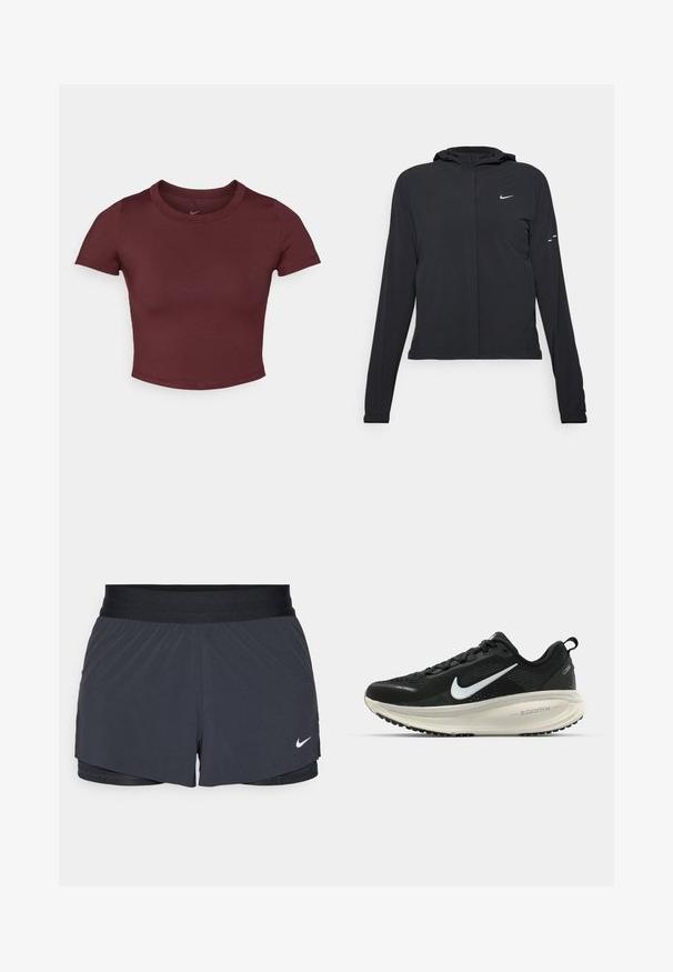 Jachetă neagră cu glugă, cu mâneci lungi, fabricată din material ușor. Dispune de un fermoar frontal, un logo Nike și accente de design subtile.; Tricou scurt, de culoare bordo, dintr-un material elastic și neted. Are mâneci scurte și un guler rotund, cu un logo subtil pe piept.; Shorts atletici negri, cu un elastic la talie, având un design stratificat și un mic logo alb Nike în partea stângă jos. Material ușor.; Pantofii de alergare negri de la Nike, cu parte superioară din plasă respirabilă, logo-ul alb Swoosh, detalii texturate și o talpă intermediară ZoomX de culoare crem.