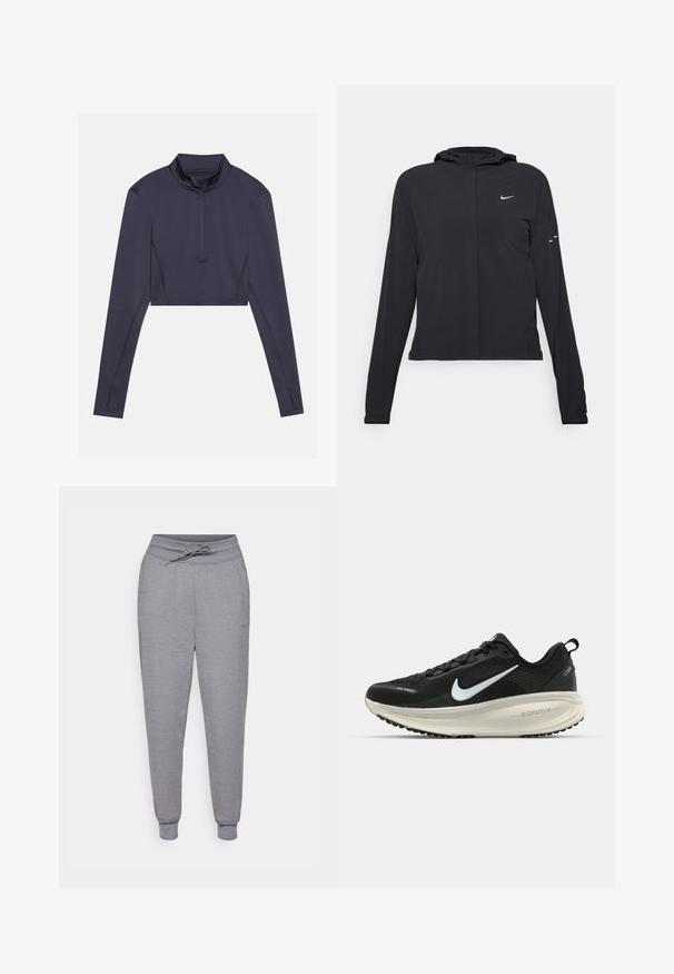 Must musta kapuutsiga jakk, millel on pikad varrukad ja mis on valmistatud kergetest materjalidest. Omab esitaskut, Nike logo ja kergelt silmatorkavaid disainiaktsente.; Lühikeste varrukatega top sügavas meretees. Omab kõrget kaelust ja esipoolne poolne tõmblukk. Sile tekstuur minimaalsete õmblustega.; Hallid pingutamata dressipüksid, hallid, nööriga taljes, elastsete mansettidega ja vaevumärgatava Nike logoga vasakul reiel. Pehme, tekstuuriga kangas.; Musthave mustus Nike jooksujalats, millel on hingav võrgust ülemine osa, valge swoosh logo, tekstuuriga detailid ja kreemja värvusega ZoomX vahevöö.