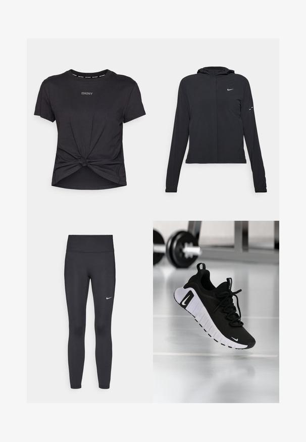 Svart hettegenser med lange ermer, laget av lett materiale. Har glidelås foran, Nike-logo og subtile design detaljer.; Svart t-skjorte med korte ermer laget av bomull, med en knyttet design ved kanten og "DKNY"-logo i rhinestein over brystet.; Sorte leggings laget av elastisk stoff, med høy livlinje og en hvit Nike-logo på venstre lår. Glatt tekstur, kroppsnær passform.; Sort atletikksko med overdel i teksturert stoff, hvit såle og fremtredende snøresystem. Har en Nike-logo og myk, polstret design.