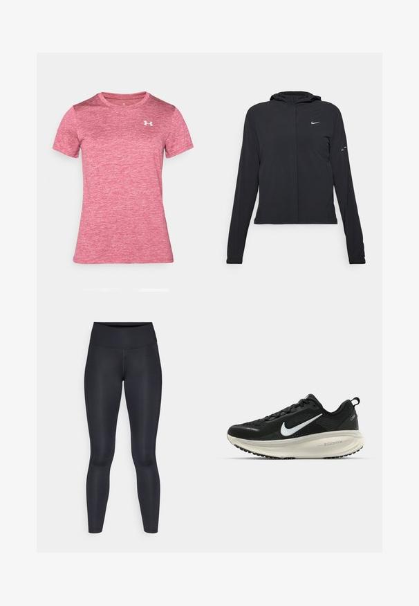 Fekete kapucnis dzseki hosszú ujjakkal, könnyű anyagból készült. Elülső cipzárral, Nike logóval és diszkrét dizájn elemekkel rendelkezik.; Rövid ujjú, kerek nyakú aktív póló melírozott rózsaszín anyagból, kis fehér logóval a bal mellrészen. Puha, könnyű anyag.; Fekete leggings sima, rugalmas anyagból. Magas derék, látható minták vagy díszítések nélkül. Szorosan illeszkedik a derektól a bokáig.; Fekete Nike futócipő légáteresztő hálós felsőrésszel, fehér Swoosh logóval, textúrázott részletekkel és krém színű ZoomX középtalppal.