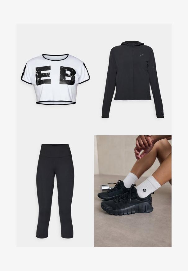 Melnā kapuci jaka ar garām piedurknēm, izgatavota no viegla materiāla. Tam ir priekšējais rāvējslēdzis, Nike logo un smalki dizaina akcenti.; Balta īsā krekla t-krekla ar melniem akcentiem. Priekšā ir lieli, nolietoti melni burti "E" un "B". Mīksts materiāls, brīvs piegriezums.; Melnas apgrieztas legingi, izgatavoti no elastīga auduma, ar augstu jostasvietu un gludu tekstūru, bez redzamām rakstu vai aksesuāriem.; Melnas sporta kurpes ar teksturētu audumu, saistītu dizainu un izteiktu zoli, savienotas ar baltām ribotām zeķēm ar mazu logo.