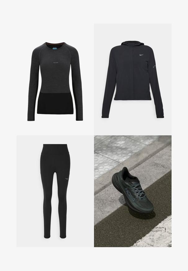 Czarna kurtka z kapturem, z długimi rękawami, wykonana z lekkiego materiału. Posiada zamek błyskawiczny z przodu, logo Nike oraz subtelne akcenty wzornicze.; Koszula z długim rękawem wykonana z ciemnoszarego i czarnego materiału, z okrągłym dekoltem i dopasowanym krojem. Logo marki znajduje się na klatce piersiowej.; Czarne legginsy z wysokim stanem, wykonane z elastycznego materiału. Posiadają małe białe logo po lewej stronie oraz detale na bocznych szwach.; Czarny but biegowy z siateczkową cholewką, teksturowanymi detalami i logo, wyposażony w wyściełaną podeszwę i szare sznurówki, umieszczony na chodniku.