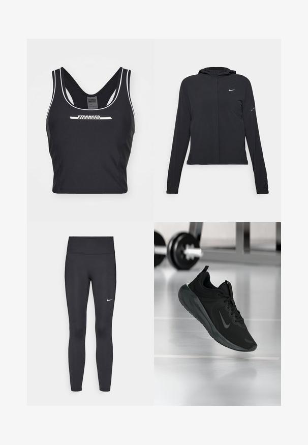 Casaco preto com capuz e mangas longas, feito de material leve. Apresenta um fecho dourado na frente, um logótipo da Nike e detalhes de design subtis.; Top desportivo preto, cropped, feito de tecido elástico. Apresenta um decote arredondado, alças largas e detalhes brancos com a inscrição "STRONGER" na frente.; Leggings pretos feitos de tecido elástico, com uma cintura alta e um logo branco da Nike na coxa esquerda. Textura suave, design ajustado ao corpo.; Sapatilha desportiva preta com o logotipo da Nike, mostrada em pleno ar sobre o chão do ginásio, com um suporte de halteres desfocado ao fundo.