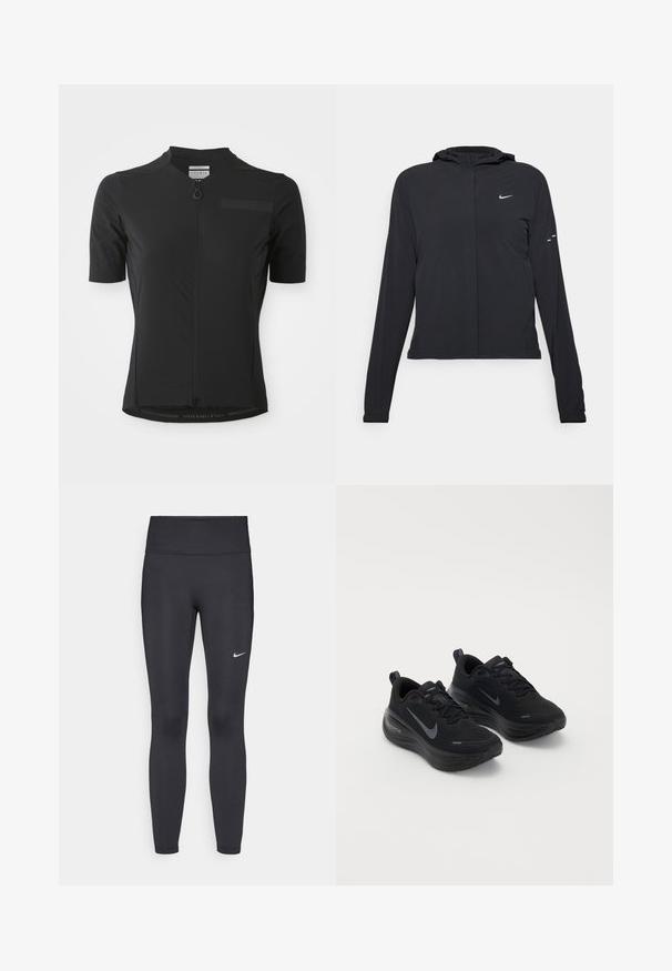 Svart hettegenser med lange ermer, laget av lett materiale. Har glidelås foran, Nike-logo og subtile design detaljer.; Svart sykkeltrøye laget av fukttransporterende stoff; har en kort glidelås, korte ermer og et logo langs bunnen av kanten.; Sorte leggings laget av elastisk stoff, med høy livlinje og en hvit Nike-logo på venstre lår. Glatt tekstur, kroppsnær passform.; Svarte treningssko med teksturert overdel, snøring og tykk, dempet såle. Har en grå Nike-logo på hver side.