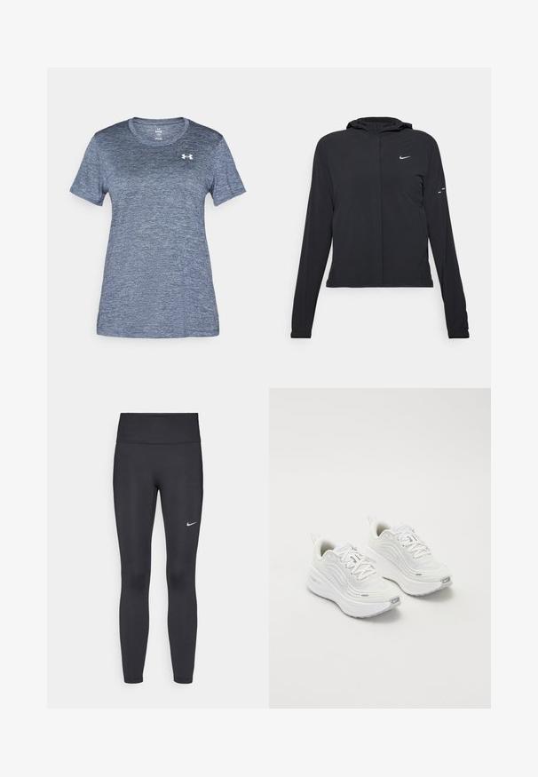 Svart hettegenser med lange ermer, laget av lett materiale. Har glidelås foran, Nike-logo og subtile design detaljer.; Kortermet atletisk skjorte i en melert marineblå stoff. Har rund halslinning og en hvit logo på øvre venstre bryst. Myk tekstur.; Sorte leggings laget av elastisk stoff, med høy livlinje og en hvit Nike-logo på venstre lår. Glatt tekstur, kroppsnær passform.; Hvite joggesko med et teksturert mesh-overdel, polstret såle og subtile grå aksenter. Inkluderer merkevare og løkke på hælen for enkel påkledning.