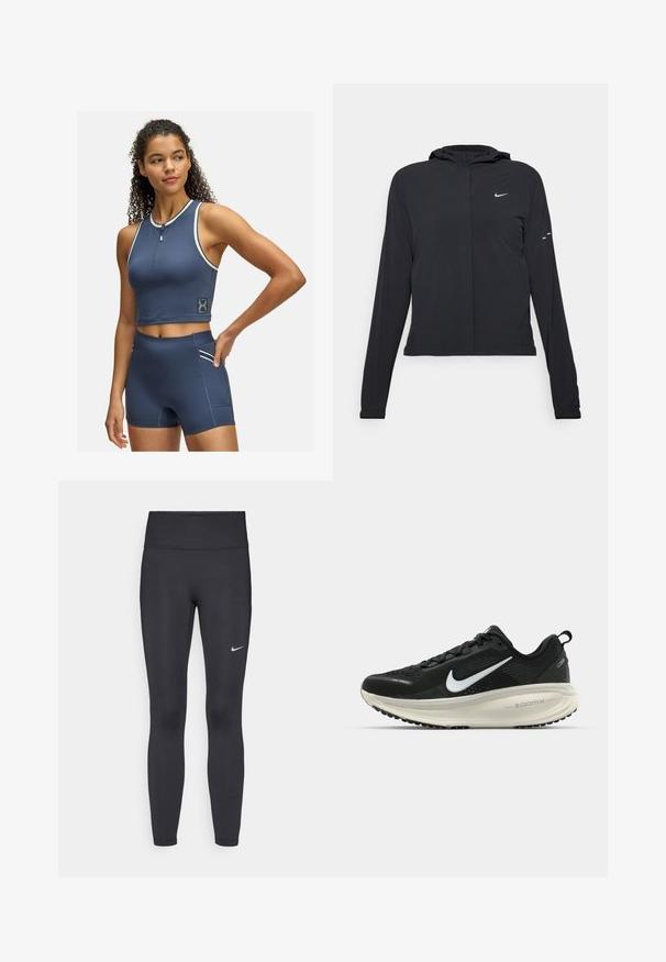 Svart huva jacka med långa ärmar, gjord av lätt material. Har en framdragare, en Nike-logotyp och subtila designelement.; Mörkblå sportig croptop med dragkedja framtill och vita detaljer; tillsammans med högmidjade shorts med en sidoficka och matchande detaljer.; Svarta leggings i elastiskt material, med hög midja och en vit Nike-logga på vänster lår. Slät textur, figurnära design.; Svart Nike löparsko med andningsbart mesh-ovandel, vit swoosh-logotyp, texturerad detaljering och en krämfärgad ZoomX-mellansula.