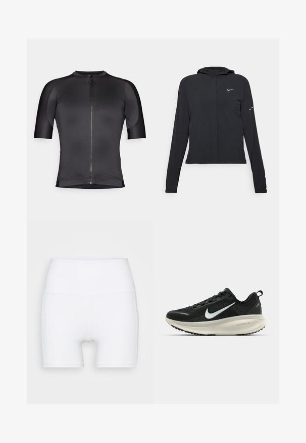 Juodas gobtuvas striukė su ilgomis rankovėmis, pagaminta iš lengvo audinio. Pasižymi priekiniais užtrauktukais, Nike logotipu ir subtiliais dizaino akcentais.; Juodasis trumpas rankovėmis dviratininko marškinėliai, pagaminti iš lengvos, tekstūruotos medžiagos. Turi priekinį užtrauktuką ir prigludusią formą su kontrastingomis akcentais.; Balti aukšto juosmens šortai, pagaminti iš elastingos medžiagos. Yra lygus paviršius ir prigludęs siluetas, be papildomų raštų ar detalių.; Juodas Nike sportinis batelis su kvėpuojančiu tinklu, baltu swoosh logotipu, tekstūruoto dizaino detalėmis ir grietinėlės spalvos ZoomX viduriu.