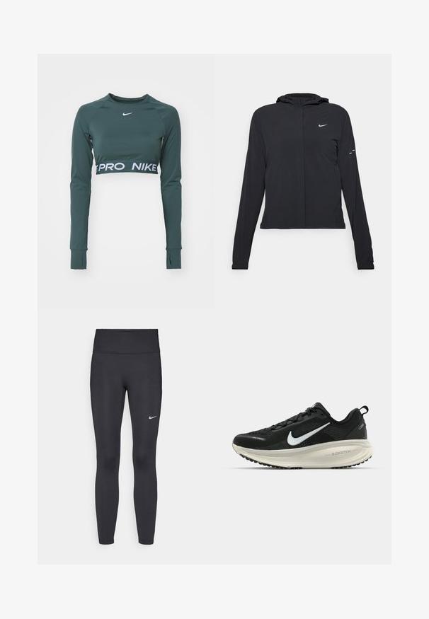 Black hooded jacket with long sleeves, made from lightweight material. Features a front zipper, a Nike logo, and subtle design accents.; Dark green long-sleeve crop top made from smooth fabric. Features a logo and a contrasting white band with "PRO NIKE" text at the hem.; Black leggings made of stretchy fabric, featuring a high waistband and a white Nike logo on the left thigh. Smooth texture, form-fitting design.; Black Nike running shoe with breathable mesh upper, white swoosh logo, textured detailing, and a cream-colored ZoomX midsole.
