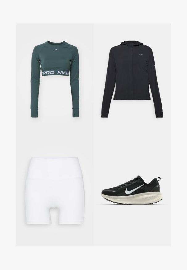 Črna kapuča s dolgimi rokavi, izdelana iz lahkega materiala. Ima sprednji zadrgo, logotip Nike in subtilne oblikovne detajle.; Temnozelen dolg rokav prirezana majica iz gladkega blaga. Ima logo in kontrastni bel trak s tekstom "PRO NIKE" na robu.; Bele visoke hlače iz raztegljivega materiala. Imajo gladko teksturo in oprijet obliko, brez dodatnih vzorcev ali kovinskih delov.; Črne Nike tekaške čevlje z zračno mrežno zgornjim delom, belim logotipom Swoosh, teksturiranimi detajli in smetanasto barvnim srednjim delom ZoomX.