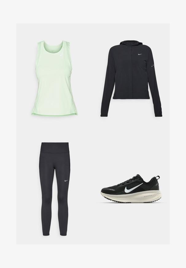 Casaco preto com capuz e mangas longas, feito de material leve. Apresenta um fecho dourado na frente, um logótipo da Nike e detalhes de design subtis.; Nike Performance FAST TANK - Top - vapor green/reflective silver; Leggings pretos feitos de tecido elástico, com uma cintura alta e um logo branco da Nike na coxa esquerda. Textura suave, design ajustado ao corpo.; Sapatilha de corrida Nike preta com parte superior de malha respirável, logotipo Swoosh branco, detalhes texturizados e uma entressola ZoomX na cor creme.
