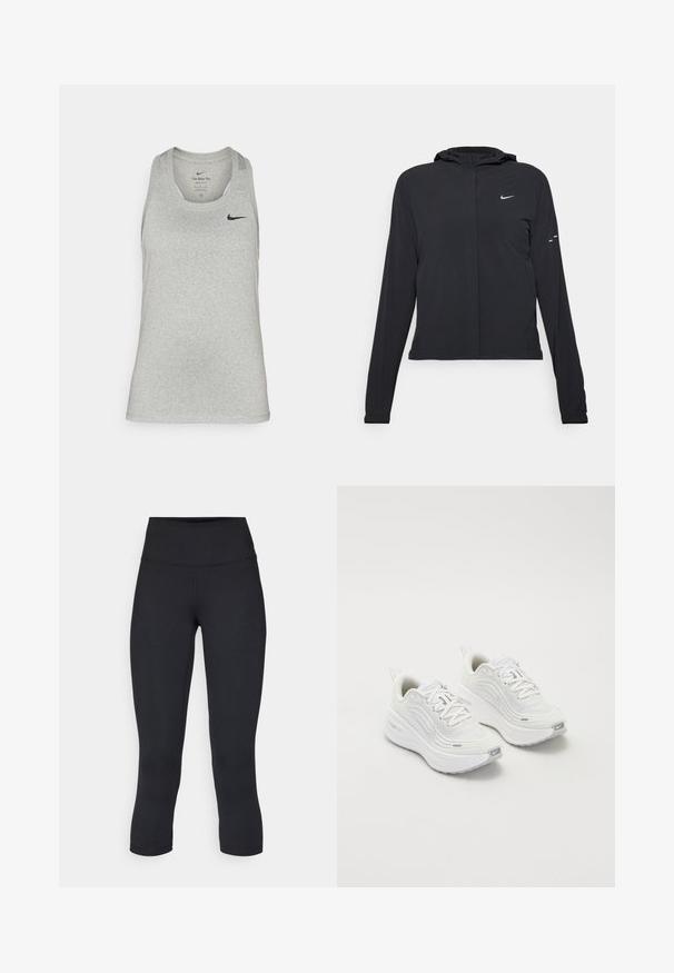 Zwarte kaptrui met lange mouwen, gemaakt van lichtgewicht materiaal. Voorzien van een ritssluiting aan de voorkant, een Nike-logo en subtiele ontwerpelementen.; Lichtgrijs mouwloos sporthemd gemaakt van zachte stof, met een ronde halslijn en een klein zwart Nike-logo op de linkerborst.; Zwarte cropped leggings van rekbaar materiaal, met een hoge tailleband en een gladde textuur, zonder zichtbare patronen of hardware.; Witte sportieve schoenen met een gestructureerde mesh bovenkant, een comfortabele zool en subtiele grijze accenten. Inclusief branding en een lus aan de hiel voor eenvoudig aan- en uittrekken.