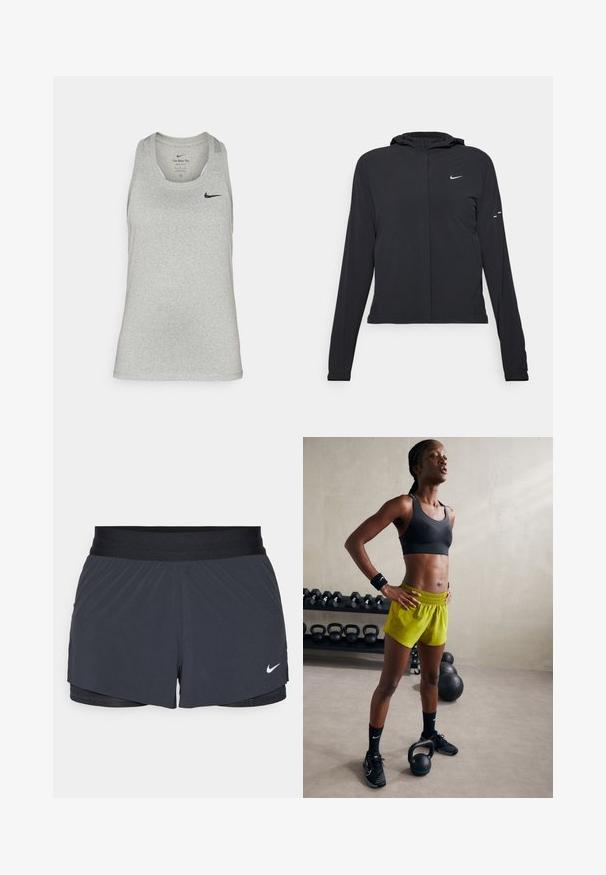 Czarna kurtka z kapturem, z długimi rękawami, wykonana z lekkiego materiału. Posiada zamek błyskawiczny z przodu, logo Nike oraz subtelne akcenty wzornicze.; Jasnoszara bezrękawnik sportowy wykonany z miękkiej tkaniny, z okrągłym dekoltem i małym czarnym logo Nike po lewej stronie klatki piersiowej.; Czarne szorty sportowe z elastycznym pasem, o warstwowej konstrukcji i małym białym logo Nike na dolnym lewym boku. Wykonane z lekkiego materiału.; Czarny stanik sportowy, jasne żółte szorty z elastycznym pasem, czarne buty sportowe i opaski na nadgarstki, stojące obok kettlebelli.