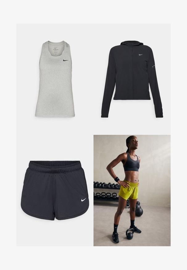 Czarna kurtka z kapturem, z długimi rękawami, wykonana z lekkiego materiału. Posiada zamek błyskawiczny z przodu, logo Nike oraz subtelne akcenty wzornicze.; Jasnoszara bezrękawnik sportowy wykonany z miękkiej tkaniny, z okrągłym dekoltem i małym czarnym logo Nike po lewej stronie klatki piersiowej.; Czarne szorty sportowe wykonane z lekkiego, oddychającego materiału. Posiadają elastyczny pas i biały logo Nike na dolnym prawym boku.; Czarny stanik sportowy, jasne żółte szorty z elastycznym pasem, czarne buty sportowe i opaski na nadgarstki, stojące obok kettlebelli.