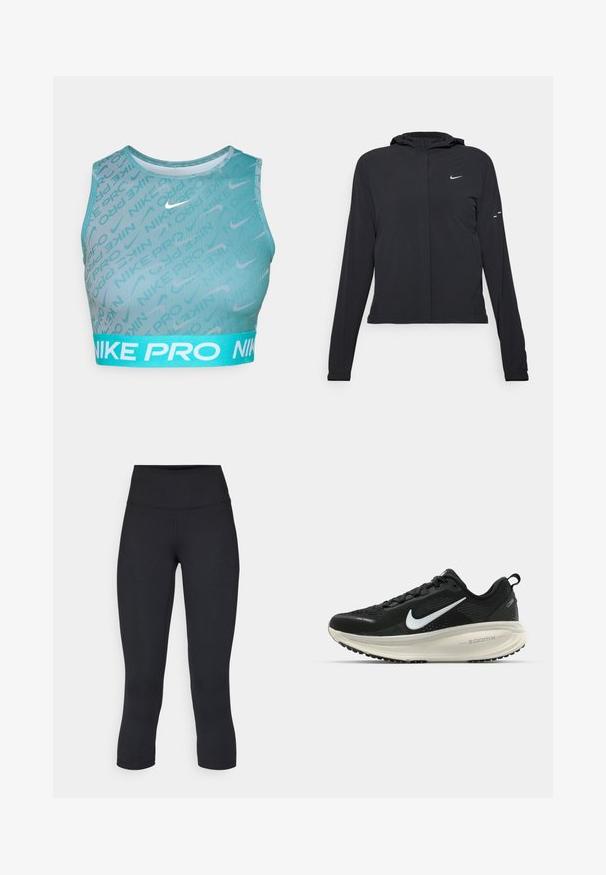 Čierna kapucňová bunda s dlhou rukávou, vyrobená z ľahkého materiálu. Má predný zips, logo Nike a jemné dizajnové akcenty.; Teal športová podprsenka Nike Pro s ribbed textúrou, abstraktným vzorom a kontrastným svetlomodrým pásom s bielym brandingom.; Čierne skrátené legíny vyrobené z elastického materiálu, s vysokým pásom a hladkou textúrou, bez viditeľných vzorov alebo kovania.; Čierne bežecké topánky Nike s priedušnou sieťovinou, bielym logom s symbolom swoosh, textúrovanými detailmi a krémovou ZoomX medzipodrážkou.